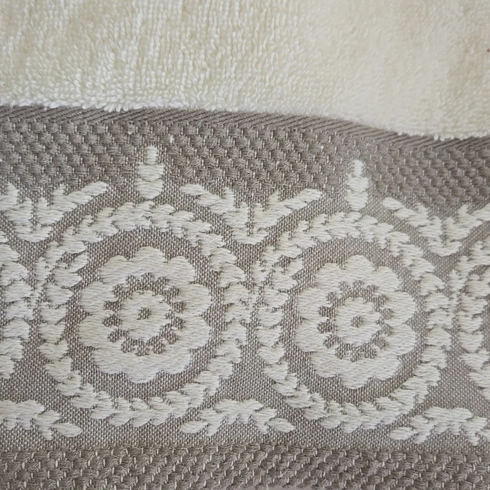 Two Elegant White and Gray Embroidered Bath Hand Towels